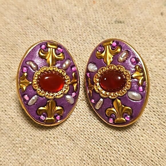 Antique Victorian Bloodstone Seed Pearl OM Austrian Clip-on Earrings - Picture 1 of 9